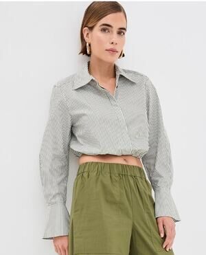 SIMKHAI Blythe Cropped Button Down Blouse Green Striped Women's S